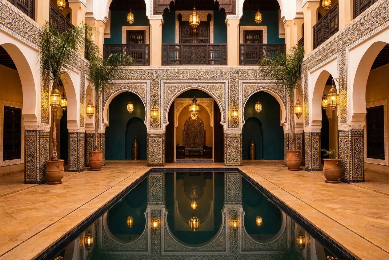 Patio de riad traditionnel à Marrakech avec bassin et zélliges — séjour à Marrakech avec Marrakech Stay VIP
