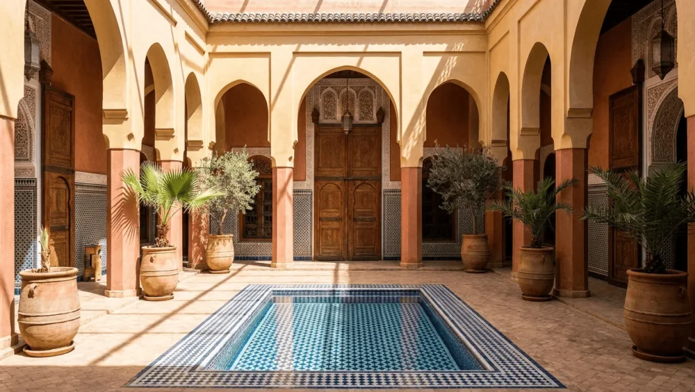 Patio de riad marocain avec piscine et mosaïques, ombre en plein midi — Marrakech en été