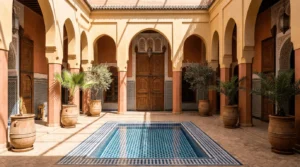 Patio de riad marocain avec piscine et mosaïques, ombre en plein midi — Marrakech en été