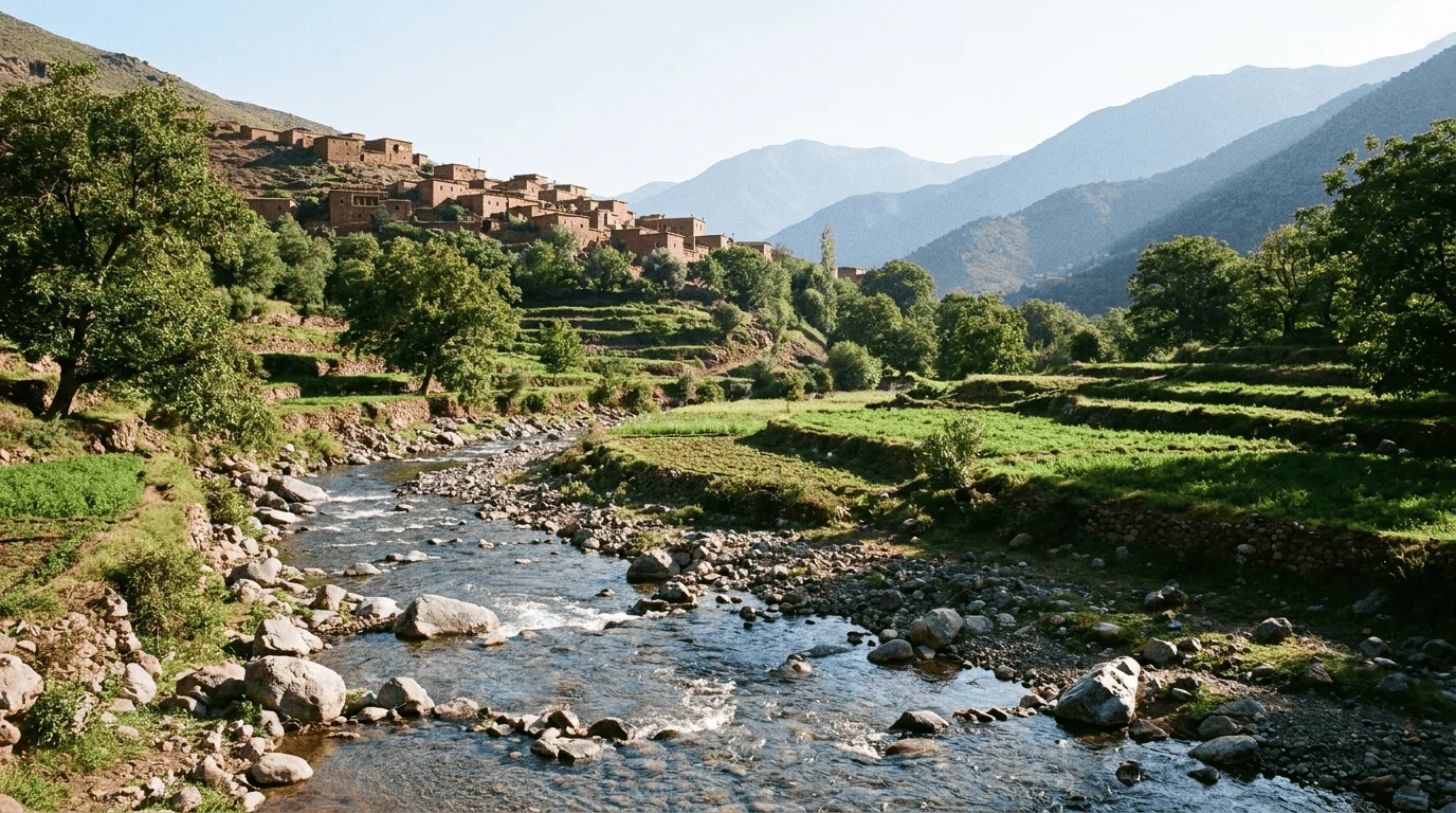 Rivière et vallée verdoyante des montagnes de l’Atlas, fraîcheur en altitude près de Marrakech